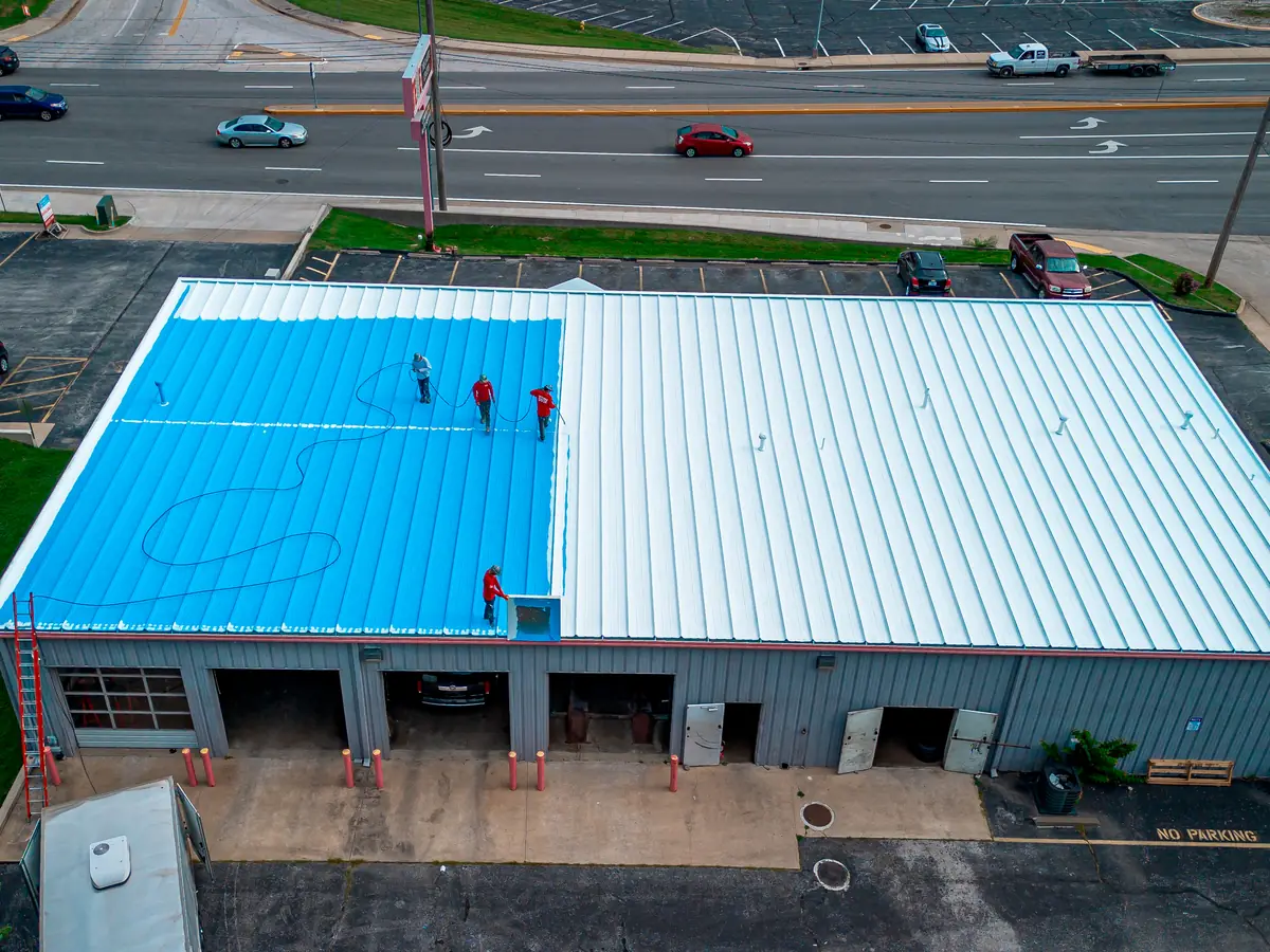 Commercial roof half way through a replacement, seen from above