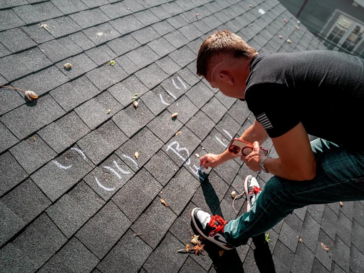 Titan Roofing inspector marking hail hits on an asphalt shingle roof with chalk