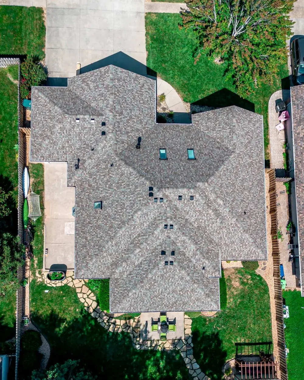 Drone view of a finished architectural shingle roof
