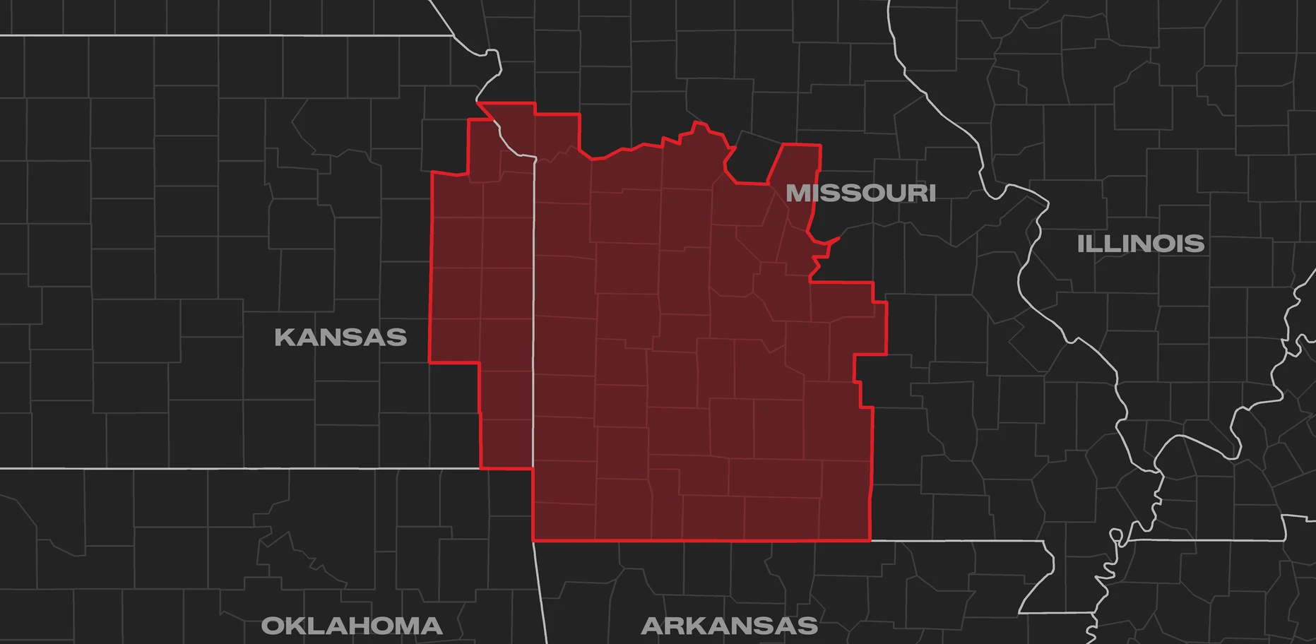 Titan Roofing service area: western and southern Missouri from Kansas City to the Arkansas line, plus a strip of eastern Kansas
