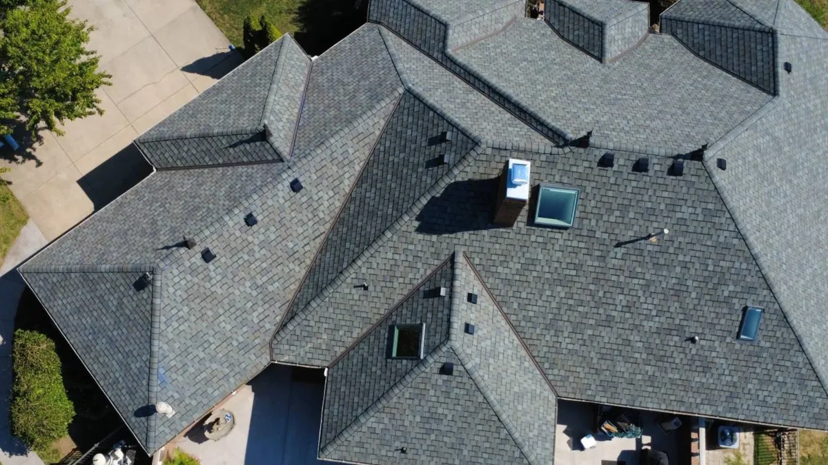 The finished synthetic slate roof seen from above